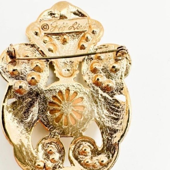 VTG Designer Jeff Lieb Brooch Gold Tone Clear Rhinestone Purple Glass Pearl Drop - Picture 3 of 3